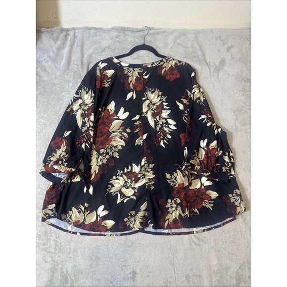 Catherines 3XWP Blouse Black Red Gold Floral Button Front 3/4 Sleeve Plus Top - Picture 6 of 7